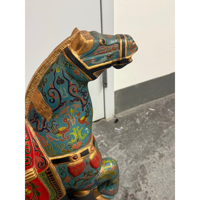 Chinese Republic Period-Style Cloisonné Painted Wooden Horse, Vintage For Sale - Image 10 of 13