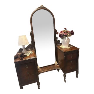 Traditional Vintage Vanity Suite With Carved Wood Mirror and Storage Pedestals For Sale