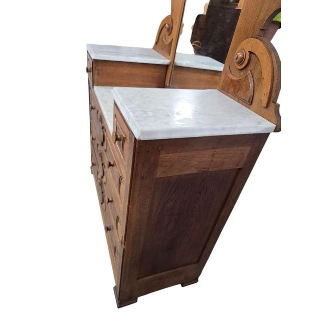 Antique Victorian Eastlake Marble Top Dresser With Mirror – Walnut & Burled Wood For Sale - Image 4 of 7