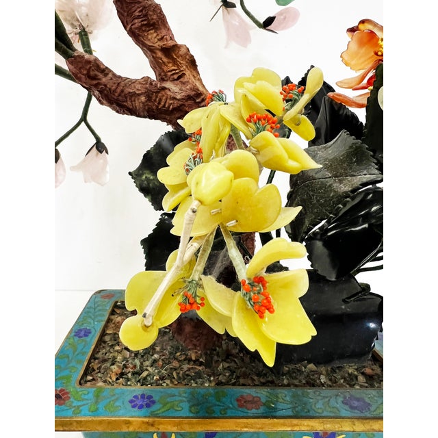 Vintage Chinese Jade Precious Stone Bonsai Tree Sculpture, Cloisonné Planter For Sale - Image 10 of 12