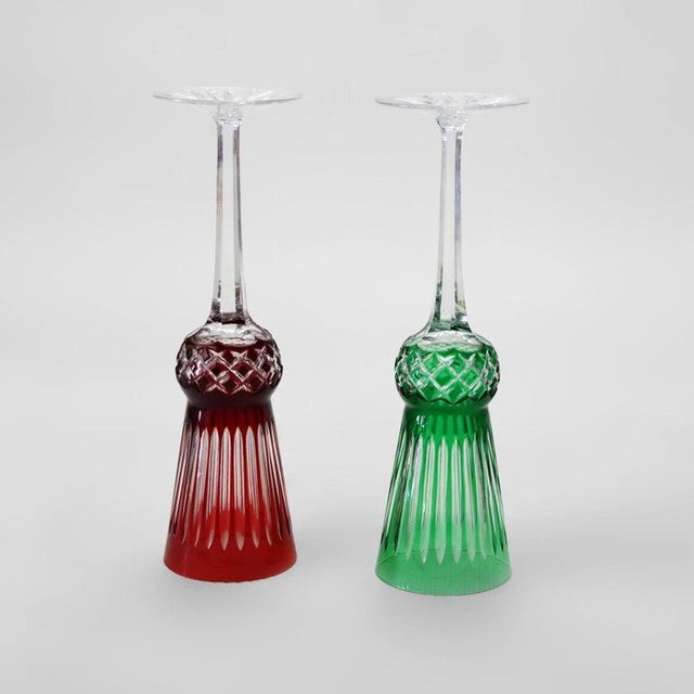 Two Antique Bohemian Cut to Clear Crystal Champagne Flutes: Ruby & Emerald C1910 For Sale - Image 4 of 7