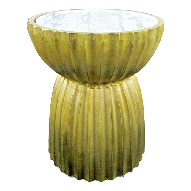 Currey & Company Rasi Antique Brass Marble Top Accent Table or Stool For Sale
