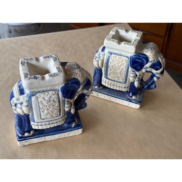 Vintage Elephant Chinoiserie Ceramic Glazed Candle Holders Pair For Sale - Image 4 of 8