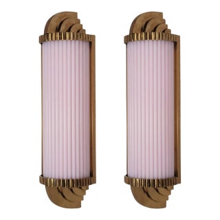 Vintage Art Deco Light Old Lamp Wall Sconces Fixture Brass & Pink Glass Rod Ship Light - Pair For Sale