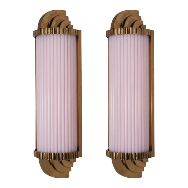 Vintage Art Deco Light Old Lamp Wall Sconces Fixture Brass & Pink Glass Rod Ship Light - Pair For Sale