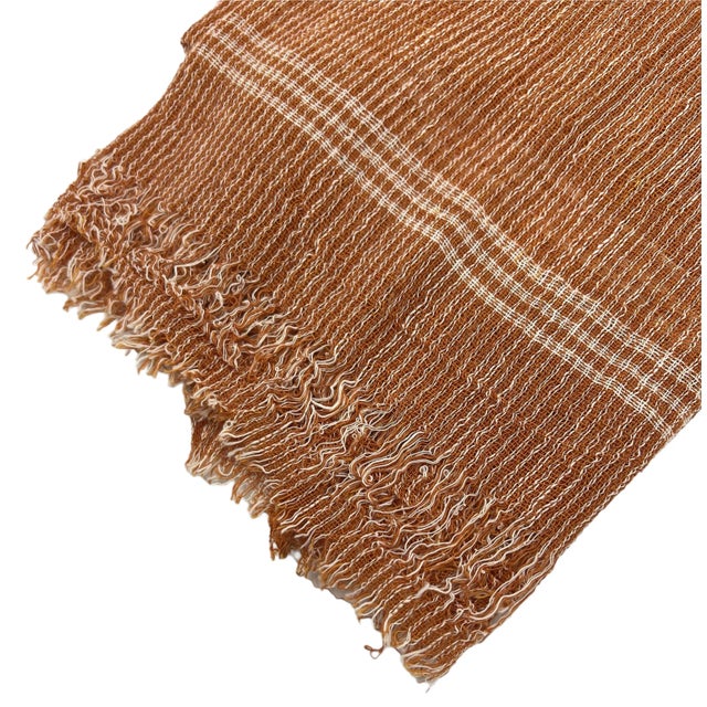 Brown 100% Cotton Towel Napkin Fabric Orange Brown Coral White Stripes Handmade Handspun Large Natural Organic Set of Two (2) For Sale - Image 8 of 13