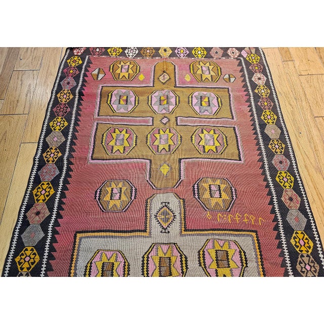 Pink Vintage Anatolian Turkish Kilim Gallery Rug, Flat-Woven Geometric Pattern, Pink & Yellow, 5x13 For Sale - Image 8 of 14
