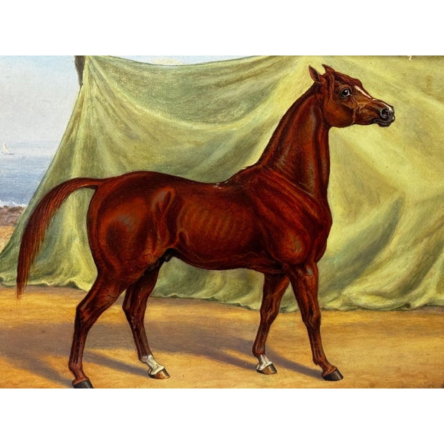 English Victorian sporting oil painting of an Arabian horse in the Bombay Stables, India, c.1900 An elegant English...