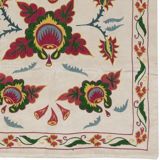 Contemporary 19"x34" Uzbek 100% Silk Flower & Pomegranate Design Embroidered Wall Hanging For Sale - Image 3 of 5