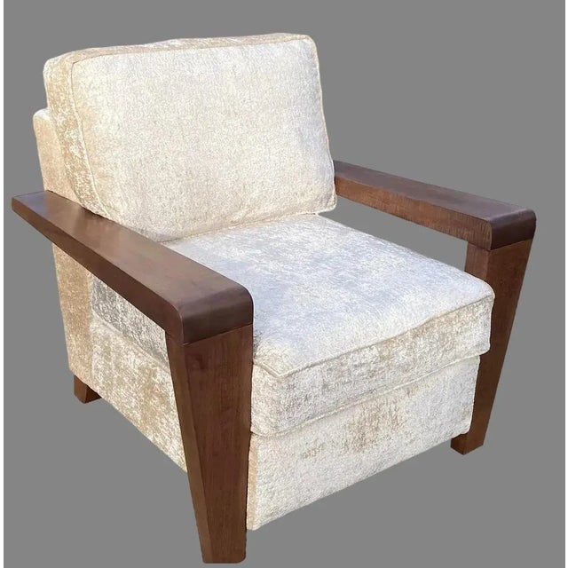 Vintage Thayer-Coggins lounge chair. Newly reupholstered in crushed velvet upholstery. Refinished walnut wood arms. As...