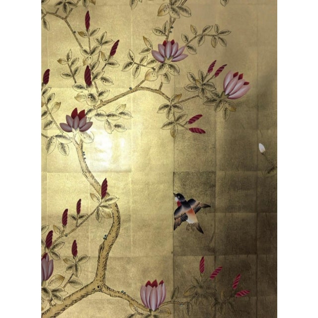 Hand Painted Gold Leaf Chinoiserie Wallpaper Panels, Birds & Magnolia Floral Mural, Set of 2 Panels, Custom Size Available For Sale - Image 4 of 5
