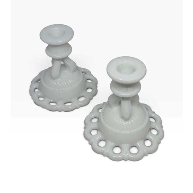 Westmorland Mid-20th Century Westmoreland Milk Glass Doric Open Lace Candle Holders - A Pair For Sale - Image 4 of 12