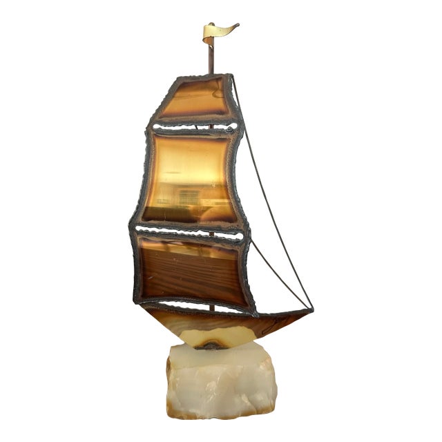 Vintage Agate and Onyx Sailboat Sculpture – Mid-Century Nautical Decor For Sale