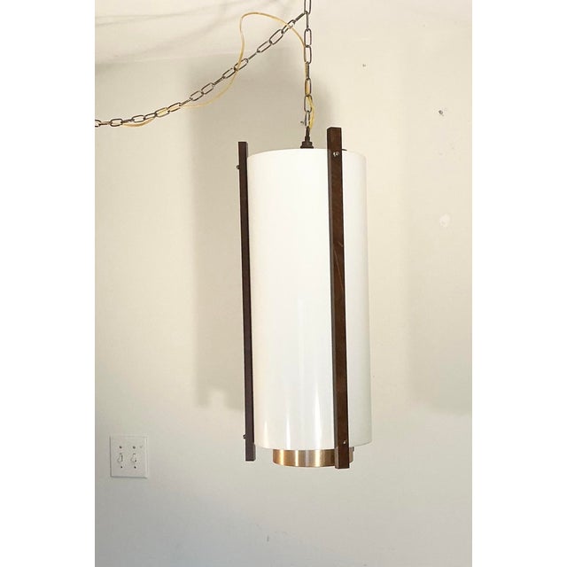 Mid-Century Modern Vintage Hanging Light Pendant Light Fixture, 24” Cylinder White Acrylic Walnut Brass Accents, McFadden Lighting For Sale - Image 3 of 11