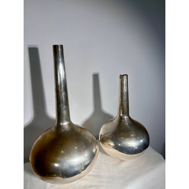 Silver-Plated Metal Bottle Vases, Italy, 1970s, Set of 2 For Sale - Image 6 of 12