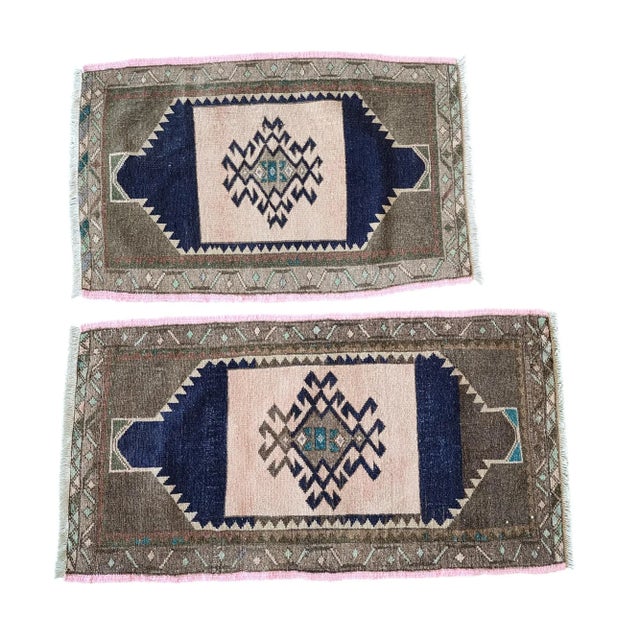 1970s Oushak Wool Small Hand-Knotted Turkish Rug - a Pair 21" x 32" / 54 x 82 Cm - 20" x 38" / 52 x 97 Cm Hand woven with...