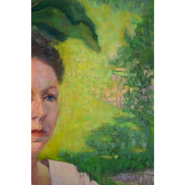 American 1960s Portrait Painting of a Woman Wearing Lavender in a Garden by Sol Jasner For Sale - Image 3 of 6
