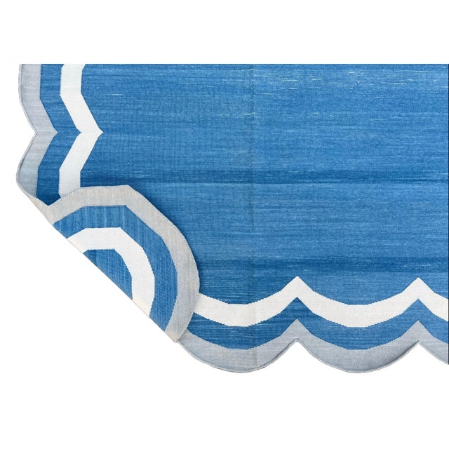 Casa Cosima Not Yet Made - Made To Order Handmade Cotton Reversible 4 Sided Scalloped Edge Rug Blue With Cream and Grey Border - 8'x10' For Sale - Image 4 of 11