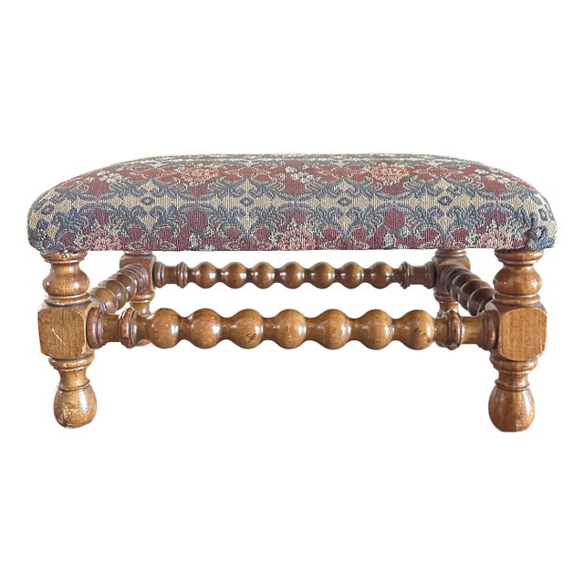 Antique 19th Century Bobbin Leg Upholstered Wood Footstool For Sale