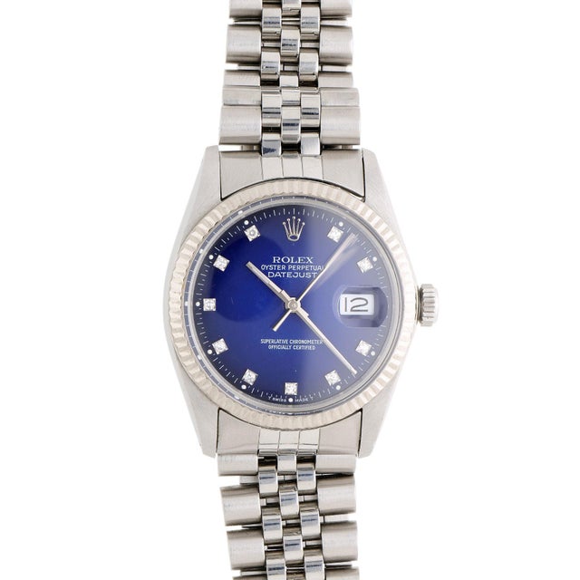 Blue Rolex Datejust 16014 Blue Vignette Diamond Dial 36mm Steel White Gold Watch For Sale - Image 8 of 17