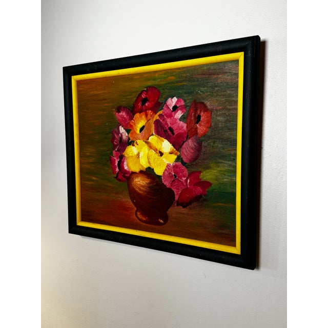 Wood Vintage Mid Century Impressionist "Poppy" Floral Still Life Original Oil Framed Painting in Bottle Green, Dark Pink & Canary Yellow For Sale - Image 7 of 12
