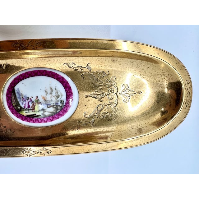 Antique Paris Porcelain Inkwell and Pen Tray with Watteau Scenes and Gilt Brass, 19th Century, Set of 2 For Sale - Image 13 of 15