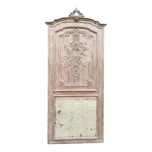 19th C. French Carved Painted Walnut Trumeau Mirror With Original Mirror Plate For Sale