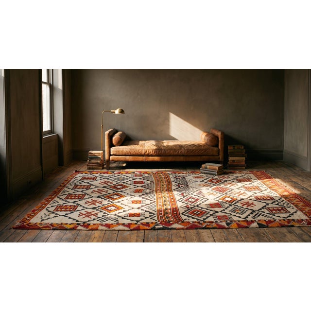Ivory 1930s Ivory Geometric Tribal Antique African Moroccan Rug 6'4" X 11'0" Handknotted Wool Carpet For Sale - Image 8 of 9