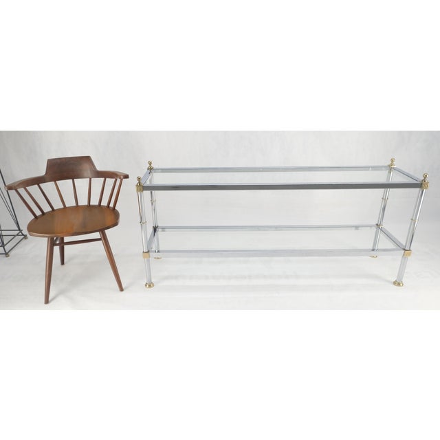 Metal Two Tier Italian Glass Shelve Chrome 7 Brass 60" Console Sofa Table Finials MINT For Sale - Image 7 of 12