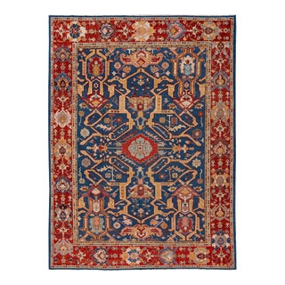 Red Vintage Turkish Handmade Navy Blue Wool Rug With Allover Motif For Sale