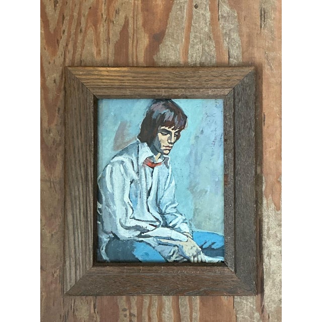 Sky Blue Vintage 1970s Oil Painting of Seated Man For Sale - Image 8 of 11