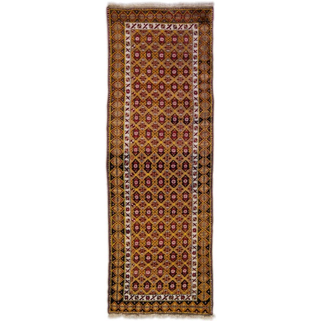Antique Turkish Handmade Sienna Geometric Wool Runner For Sale - Image 9 of 9