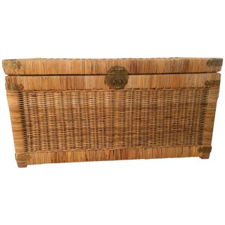 Rattan Storage Trunk With Brass Hardware For Sale