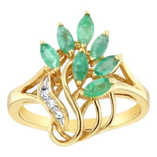 Marquise Emerald & Diamond Floral Style Ring .40cttw 14k Yellow Gold, Size 7.5 For Sale