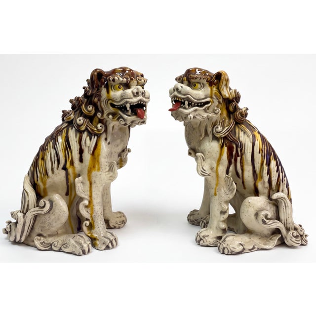 Ivory Mid-Century Asian Chinese Export Fierce Facing Drip Glaze Pottery Terracotta Foo Dogs, Pair For Sale - Image 8 of 8