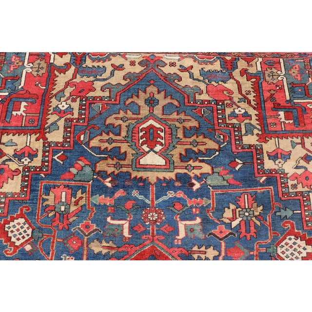 Antique Persian Heriz Serapi Rug With Blue Field Geometric Medallion Design For Sale - Image 13 of 17