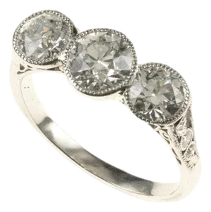 Antique 1920s-Era Platinum Filigree 3 Old European Cut Diamond Ring, Size 6.5