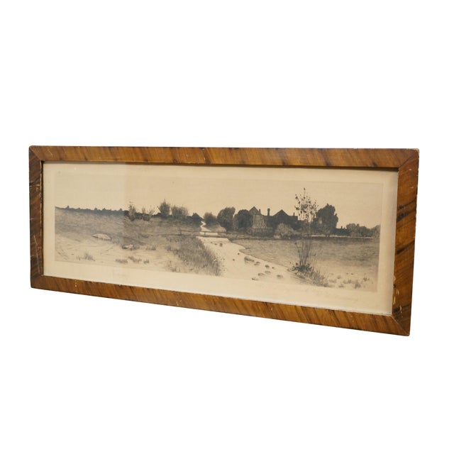 Antique circa 1890 black and white etching by Henry M. Rosenberg, showing panoramic country landscape with thatched...