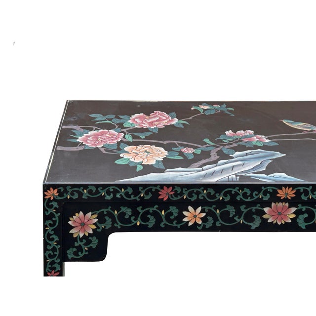 1970s Chinese Black Lacquer Flower Birds Graphic Rectangular Low Coffee Table For Sale - Image 9 of 13