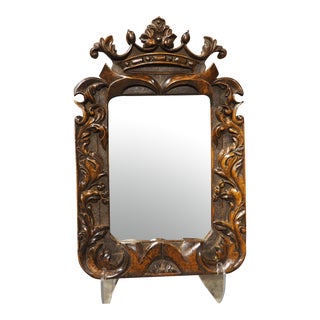 Antique French Carved Walnut Mirror With Stylized Crown, Foliate Decor, C. 1870 For Sale