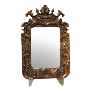 Antique French Carved Walnut Mirror With Stylized Crown, Foliate Decor, C. 1870