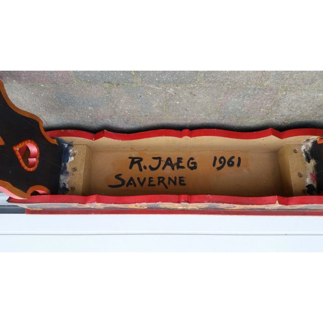 French Hand Painted Wooden Bench by R. Jaeg, 1961, in Flawless conditions. Designed 1960 to 1969 This piece has an...