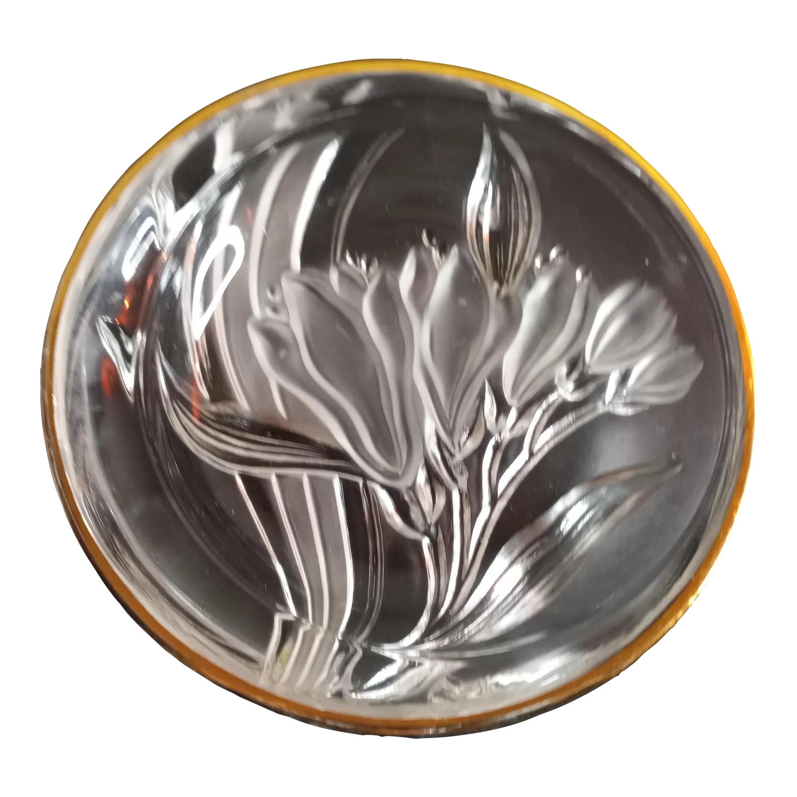 Clear Crystal Embossed With Gold Rim Round Trinket Holder | Chairish