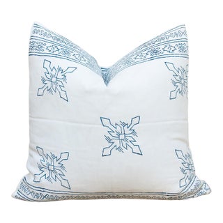 Large 24" White & Blue Jaipur Blockprint Linen Pillow Cover For Sale