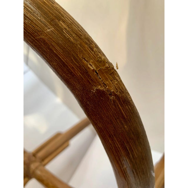 Chestnut 1970’s Palm Beach, Coastal Vintage Lattice Back Rattan Bamboo Wicker Cane Horseshoe Chairs With Original Upholstery - A Pair For Sale - Image 8 of 11