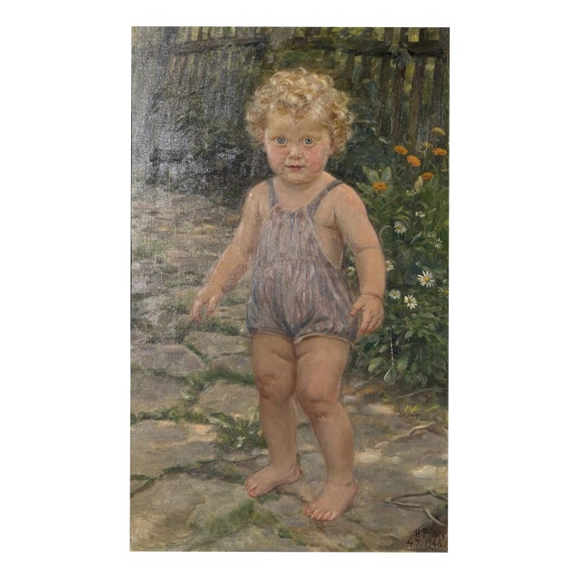 Heinrich Pforr, Summer Idyll Barefoot Child Garden Steinweg, 1946, Oil Painting on Canvas For Sale