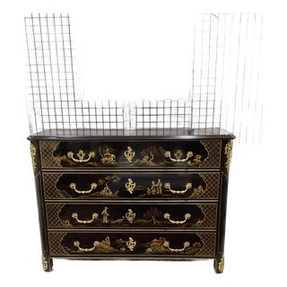Vintage Hollywood Regency Chinoiserie Black Lacquer Commode For Sale