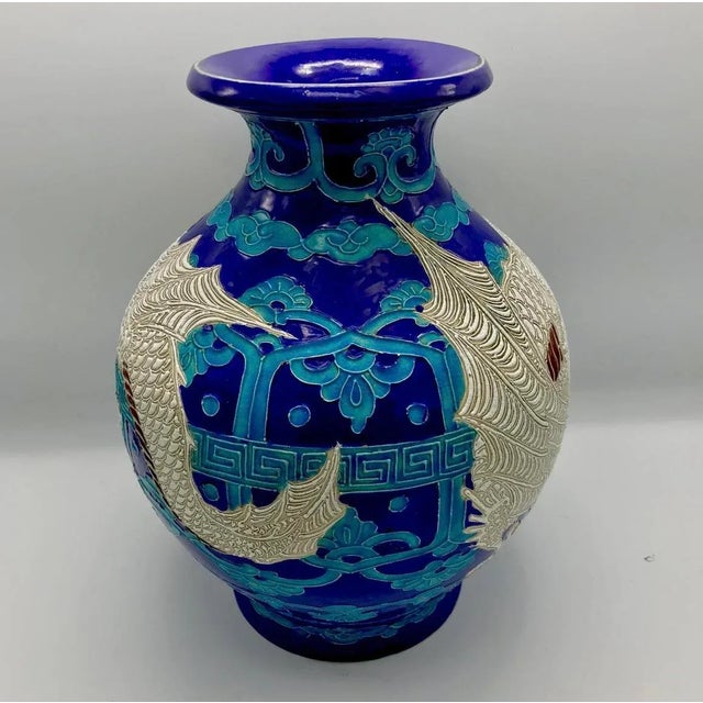 Just wow! Dragon themed Fahua Ware in bright turquoise, deep blue, and white alkaline glaze with yellow and Aubergine...