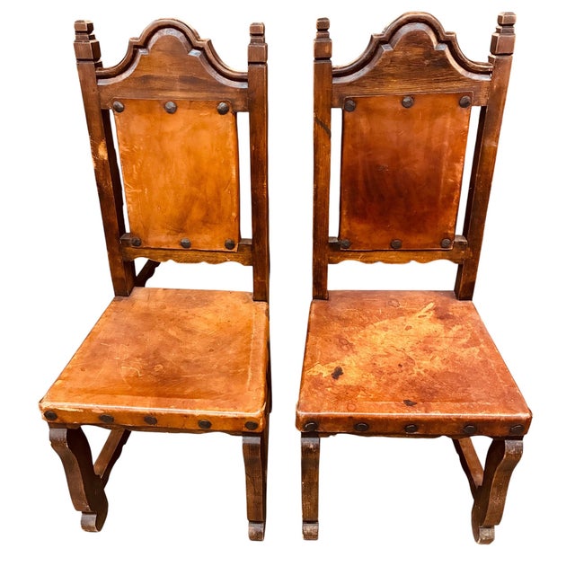 Spanish 1950s Set of 6 Spanish Renaissance Revival Dining Chairs, Two Arm Chairs, Four Side Chairs For Sale - Image 3 of 15