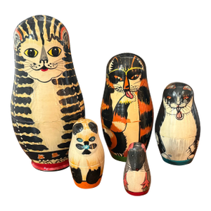 Hand-Painted Folk Art Cat and Mouse Nesting Dolls - Set of 5